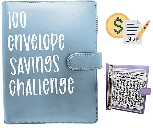 100 Envelope Challenge Binder, Savings Challenges Sheets，Easy and Fun Way to Save $5,050, Budget Binder with Cash Envelopes, Savings Challenges Binder, Budget Planner Book Budgeting (Mint Blue)