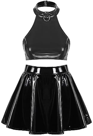 CHICTRY Women's Shiny PVC Leather Schoolgirl Costume Role Play Mini Skirt Outfits Set