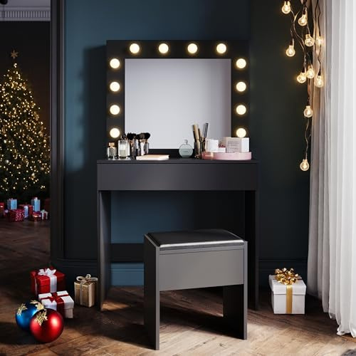 SONNI Toeletta Trucco, 12 luci LED con luminosità regolabile, Postazione Trucco con Specchio, toletta con cassetti e sedia, 80x40x140cm, nero