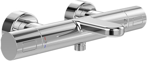 Villeroy & Boch Universal Armaturen und Beschläge Badthermostat, Badearmatur mit Verbrühungsschutz und Sicherheitsverriegelung bei 38°, oberflächenmontierte Badewannenarmatur, rund, Chrom