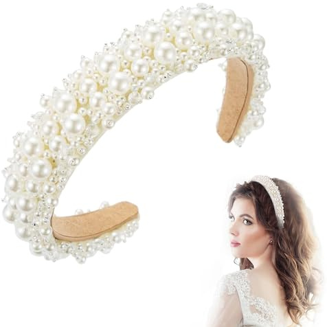 Haarreifen Damen Perlen - Weiße Perlen Haarreif Dirndl, Breit Elegante Geflochtener Glitzer, Samt Braut Haarbänder Haarschmuck Hochzeitsfrisuren Accessoires