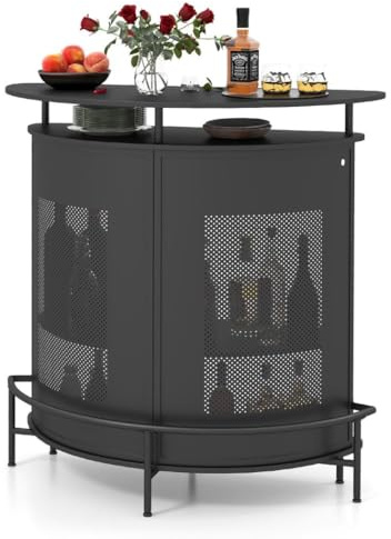 TANGZON 4-Tier Liquor Bar Table, Metal Frame Wine Bar Cabinet with 3/6 Glass Holders, Adjustable Foot Pads & Footrest, Freestanding Wine Rack Table for Home Kitchen Bistro Cafe (Half Round)