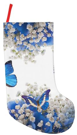 DENMER Weihnachtsstrümpfe, blaue Schmetterlinge, weiße Blumen, 45,7 cm, langlebig und lebendig für Feiertagsdekorationen und Geschenktüten