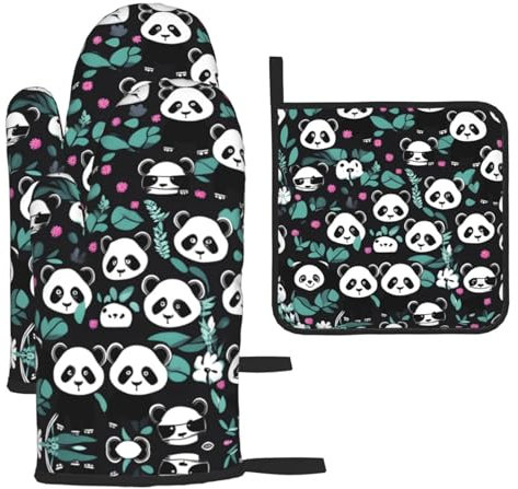YYHHAOFA Panda niedliche Gesicht Muster Ofenhandschuhe und Topflappen Sets - Dicke und Anti-Verbrühungs-Isolierung 2 isolierte Handschuhe und eine Deckelmatte