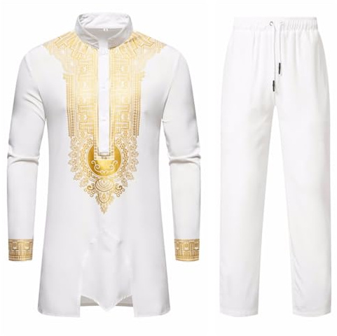 Dashiki africain pour costumes hommes broderie dorée chemise et pantalon ensemble tenues ensemble africain 2 pièces métallique costume traditionnel estampage doré imprimé vêtements tribaux, Blanc., L