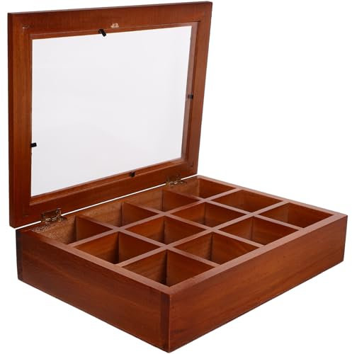 IMIKEYA Boîte à Thé Marron avec 12 Compartiments, Rangement Élégant en Acrylique et Bois, Facile à Organiser, Portable Cuisine et Salle à Manger