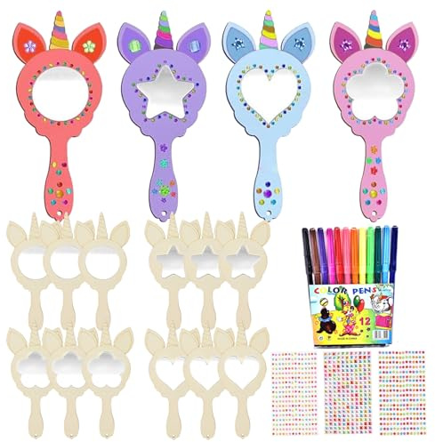 Einhorn Basteln, 12 Stück DIY Holzspiegel Handwerk, Einhorn Spiegel Holz | DIY Einhorn Bastelset Kindergeburtstag, Unfertige Holzspiegel Handwerk für Kinder, Kindergeburtstag Mitgebsel Geschenk Party