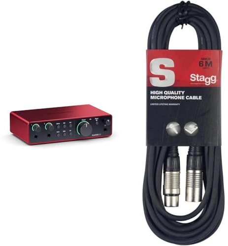 Focusrite Scarlett 2i2 4th Gen, interface audio USB pour enregistrer, composer, streamer et podcaster & Stagg Câble microphone de haute qualité XLR vers prise XLR, 6 m, noir