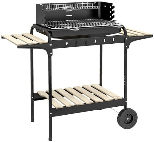 Outsunny Barbecue a Carbonella con Ruote e Griglia ad Altezza Regolabile, Barbecue da Giardino con 3 Ripiani e Vassoio per Cenere, in Metallo e Legno di Pino, 103x47x95 cm, Nera