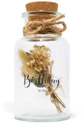 Milaboo® Geldgeschenk mit Geschenkglas und Trockenblumen I Perfekt für Taufe, Hochzeit, Geburtstag & mehr - Handverlesen, Nachhaltig & Sozial Verantwortlich (Happy Birthday)