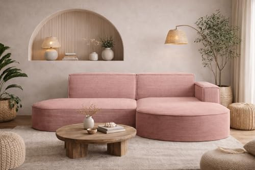 Kaiser Möbel - Ecksofa mit Wohnlandschaft, Eckcouch L-Form, Sofa 3-sitzer, Polstersofa, Bequemes Couch mit Ottomane für Wohnzimmer, Relaxsofa, Stilvolles Cord Sofa, Modena Studio, Rosa, Rechts