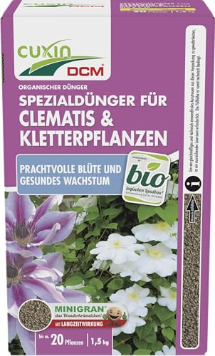 CUXIN DCM Spezialdünger für Clemantis & Kletterpflanzen - Spezialdünger - Mit MINIGRAN® TECHNOLOGY - Für gesundes Wachstum - Bio - organisch-mineralischer NPK-Dünger - 1,5 kg