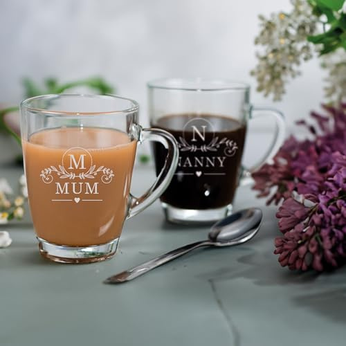 So Bespoke Personalised Glass Mug Tea Coffee Latte Mothers Day Gift for Mom, Mum, Nan, Auntie, Step-Mum, Engraved Drinkware, Mothering Sunday Gift Idea (Style M2)