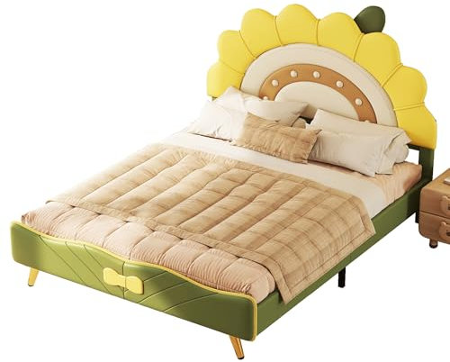 Azkoeesy Kinderbett mit Kopftel in Sonnenblumenform, mit Lattenrost, Polsterbett, Jugendbett, Doppelbett, Einzelbett, Bezug aus PU, Leicht zu reinigen, Gelb und Grün (140 x 200 cm)