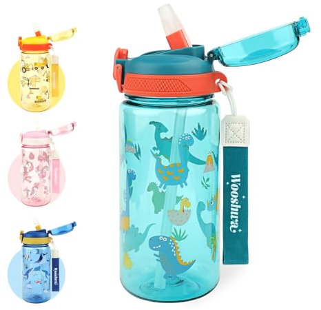 wooshwa Trinkflasche Kinder, Auslaufsicher Einhandöffnung, Sport Wasserflasche mit Strohhalm, Kindergarten Schule Sport Flasche für Jungen, Tragegriff BPA-frei Spülmaschinenfest 600ml, Dinosaurier