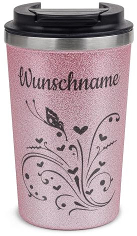 Tassendruck Glitzer To-Go Thermobecher mit Name personalisiert - Schmetterling - Geschenk für Freundin, Frau oder Tochter | Nachhaltig, Edelstahl doppelwandig, inkl. Deckel, Rosa, 350 ml