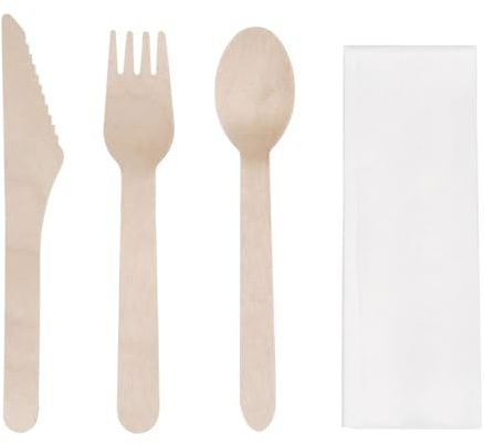 Fiesta Green Compostable Wooden Cutlery Set, Pack of 250, Brown | Individually wrapped meal kits include a fork, knife, spoon and napkin, offering hygienic plastic-free takeaway dining.