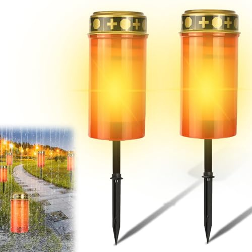 Juego de 2 faroles: lámparas de tumba alimentadas por energía solar, velas de cementerio al aire libre impermeables con sensor de luz, velas de tumba con punta para clavar en el suelo, 7 x 12 cm