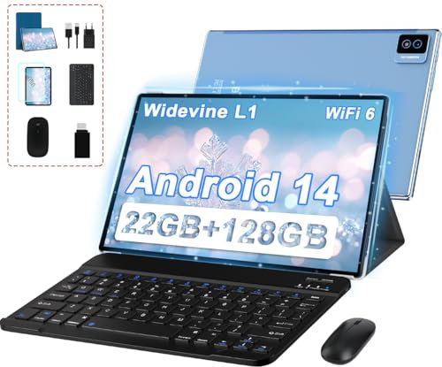 BIEGEDY Tablet 10 Zoll Octa-Core, 22 GB RAM+128 GB ROM (TF 2 TB),8000mAh丨Widevine L1丨GMS丨5G WLAN 6丨5MP+8MP丨Bluetooth 5.0丨1280 * 800丨Metallabdeckung Tablet mit Tastatur Maus Blau