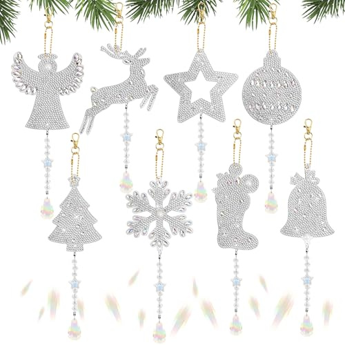 Homgaty Diamond Painting Weihnachten Anhänger, 8 Stück Diamond Painting Bastelset für Kinder ab 6 7 8 910 Jahre, Doppelseitige DIY Windspiel Sonnenfänger Schlüsselanhänger Kit für Winter Deko