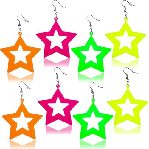 4 Paar 80er 90er Jahre Stern Ohrring,Vintage Stern Ohrhänger Damen,80 Party Ohrringe,Bunte Neon Vintag Party Accessoire Ohrringe,für 80er Jahre Partys,Vintage Kostüme