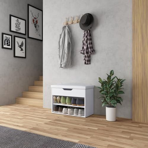 Shoe Storage Bench 2 Tier Shoe Rack with Padded Seat Cushion Slim White | Comfortable Padded Seat, Space Saving Design, Open Shoe Storage, Slim Profile, Entryway Organisation