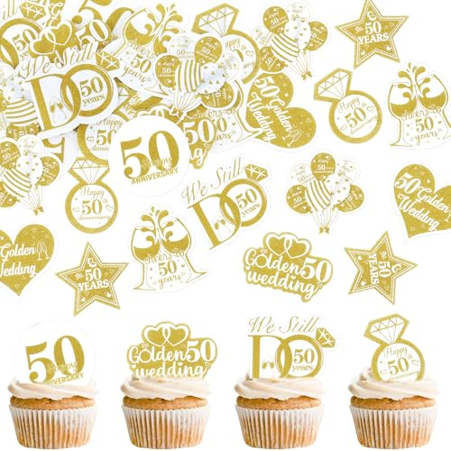 Blumomon 40Pcs Edible 50th Wedding Anniversary Cupcake Toppers Edible Gold 50th Golden Wedding Anniversary Cupcake Decoration for Celebration Party Supplies