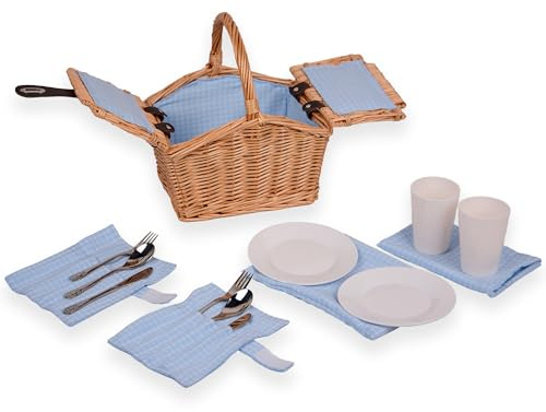 UNUS panier pique-nique pour enfants rectangulaire en paille avec doublure en tissu bleu, set complet pour 2 personnes avec couverts, assiettes et tasses, panier tressé portable pour pique-nique et