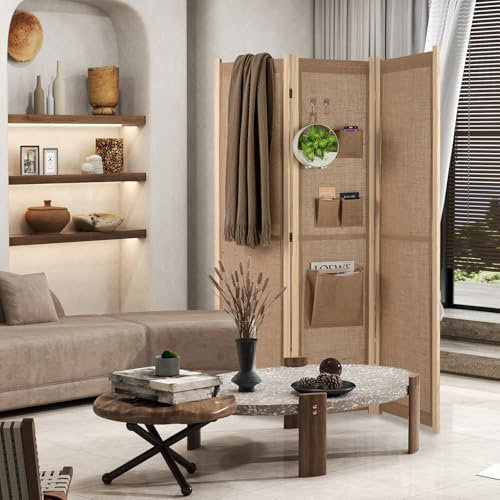 GOPLUS Biombo Separador de Ambientes de 3 Paneles, 120 x 170 cm Biombo Plegable de Lino Sintético con Bolsillos y Ganchos, Estructura de Madera, Divisor de Habitación (Imitación de Lino)