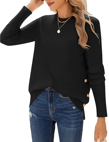 Zeagoo Jersey Mujer Otoño Invierno Cuello Redondo Manga Larga Suéter Punto Elegante Casual con Botones Laterales S-XXL