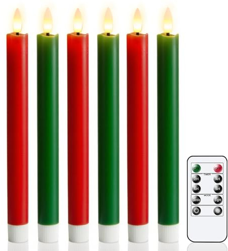 Eldnacele LED Stabkerzen in Rot und Grün, 6er Set für Weihnachten | Tafelkerzen mit Timerfunktion und Fernbedienung, Echtwachs, flackernd, Ø 2 × 25 cm, batteriebetrieben, für Adventskranz