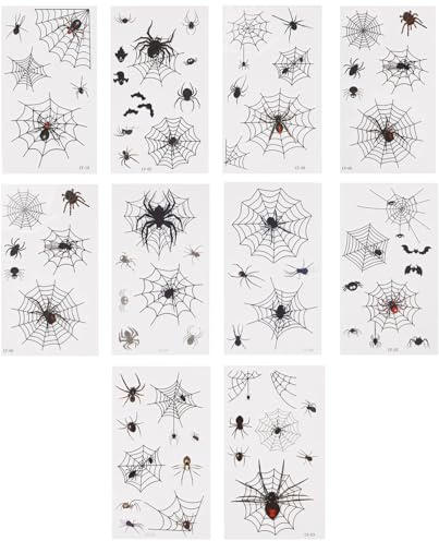 BOXOB 10stk Temporäre Spinnennetz-Tattoos, Wasserdichte Temporäre Halloween-Gesichtstattoos Spinnennetz-Gesichtsarm-Aufkleber für Kinder und Erwachsene Unisex-Halloween-Kostüme