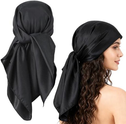 APLZGMG 35 Inch Silk Scarf, Black Head Scarf Bandanas for Women, Satin Scarfs Scarves, Large Square Silk Hair Neck Scarfs for Sleeping and Styling