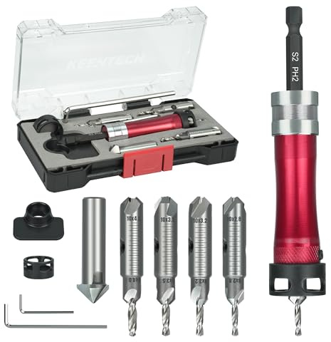 KEENTECH 10-in-1 Countersink Drill Bit Set with A Screwdriver Bit, 2.8/3.2/3.5/4.0 mm Drill Dia x 8/10 mm Countersink Dia, M2 HSS Countersink Bits for #4-#10 Screws, Chamfer Tool Includ