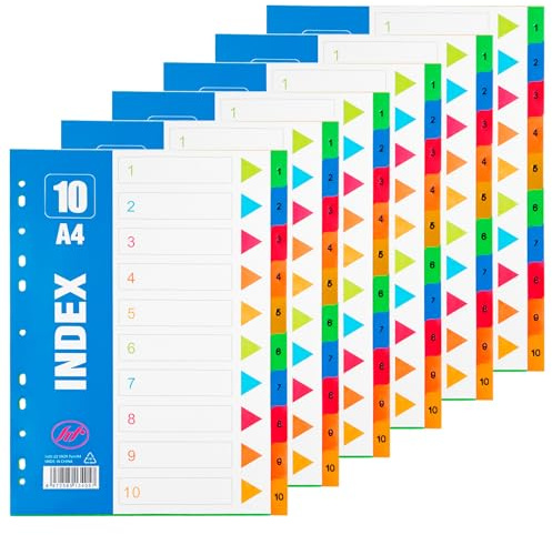6-serie 10 delar register avdelare för mapp DIN A4, plast, 1–10 registeravskiljare för organisation, 225 x 298 mm
