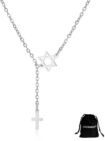 VASSAGO Collier avec pendentif en forme d'étoile de David en acier inoxydable pour femme - Collier en Y avec croix chrétienne - Talisman religieux - Amulette Israël (chaîne en Y en argent)