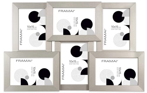 FRAMAI Multirahmen für 6 Fotos – Bilderrahmen Collage aus MDF Holz mit bruchsicherem Plexi – Modern & vielseitig – Hergestellt in der EU – Silber