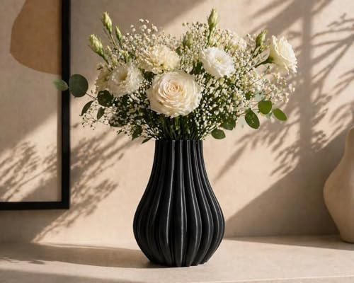 Moderne Vase Schwarz – 3D Gedruckt aus PLA Biokunststoff, Wasserdicht – Minimalistische Design für frische & Trockenblumen (22cm)