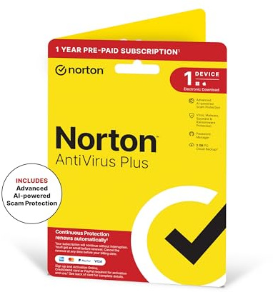 Norton AntiVirus Plus 2026, Antivirus software for 1 Device and 1-year subscription with automatic renewal, PC or Mac, Activation Code by Post