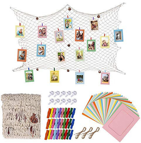 HONGXIN-SHOP Cornice di Carta per Foto DIY Album Portafoto Decorazione della Parete con Corda di Iuta e Mollette Rete da Pesca Appeso Decorazione di Festa Matrimonio e Compleanno 30 Pezzi 10 Colori