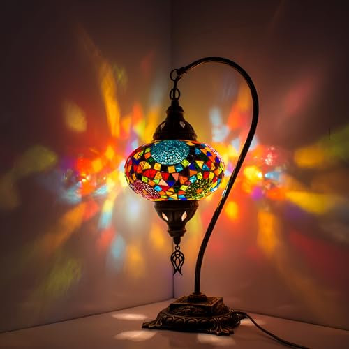 Turkish Mosaic Table Lamp,Stunning Moroccan Style, Unique Globe Lampshade, Swan Neck Series (Brave)