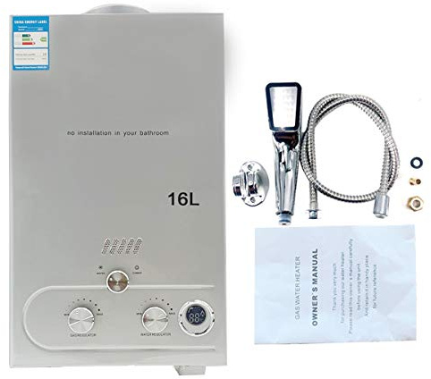 Cozyel Tragbarer Gas Durchlauferhitzer 16L 32KW Propangas Campingdusche für Dusche im Außenbereich Dusche Bad Warmwasser Camping Dusche LPG Warmwasserbereiter Tankless Instant,Silber