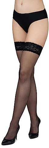 LORES Bas autofixants pour femmes avec dentelle Collants hauts en silicone Chaussettes 15 deniers au-dessus du genou, Nero M/L