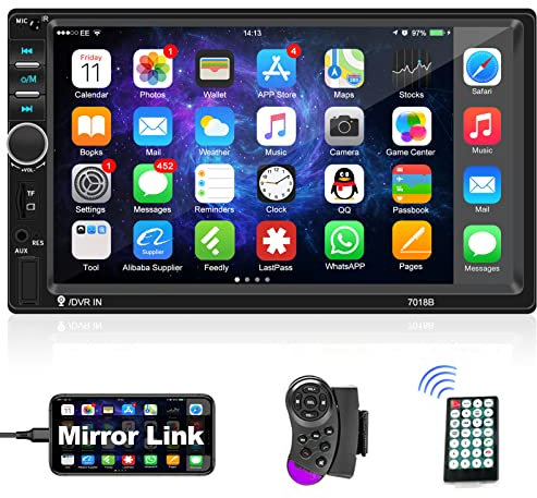 Podofo 2 Din Autoradio mit Bluetooth, 7 Zoll Doppel Din Touchscreen Autoradio MP5 Player mit Mirror Link für iOS/Android, FM Radio, Lenkradsteuerung, USB/TF/AUX, Eingang + SWC