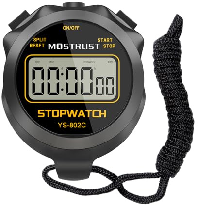 MOSTRUST Digital Simple Stopwatch, Single Lap/Split Basic Stopwatch, No Clock No Alarm No Calendar with Lanyard for Swimming Running Sports Training Coaches (Black) (802C)