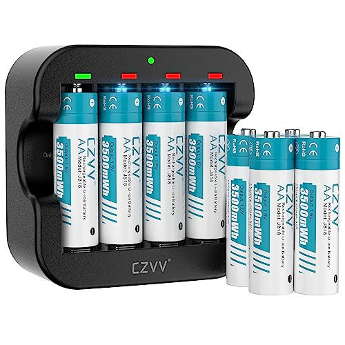 czvv Piles Rechargeables Lithium AA 1,5V - Chargeur avec 8 Pack Accu Haute Capacité 3500mWh - Charge Rapide 2H - Batterie Durée 10 Ans, 1500 Cycles, Préchargées, Faible Auto-décharge, Sortie Constante