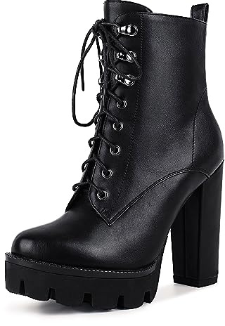 wetkiss Black Platform Combat Boots - Women's High Heels Chunky Ankle Booties with Lace Up Leather Design