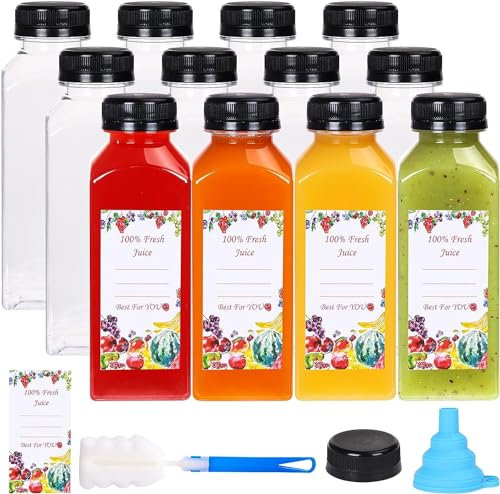 KAHEIGN 12 Pièces Bouteilles de Jus en Plastique avec Bouchons Inviolables, 360ml Conteneurs Vides pour Boissons à Base de Jus Transparent Réutilisables avec Couvercles, Étiquette, Entonnoir et Brosse