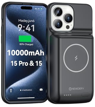 NEWDERY Akkuhülle für iPhone 15 Pro/iPhone 15, 10000mAh USB C Batteriefach Qi Wireless Charging Case, tragbare wiederaufladbare Extended Ladegerät Akku Pack Powerbank- (6.1) (Schwarz)