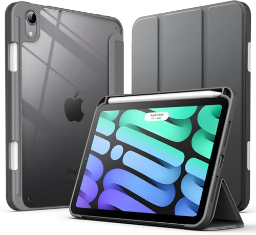JETech Hülle für iPad mini A17 Pro/6. Gen, Space Grau | Für 8,3 2024/2021 Modell, Transparente Rückseite, Stifthalter, Schlanker Stoßschutz, Dreifach-Ständer, Auto Schlafen/Wachen